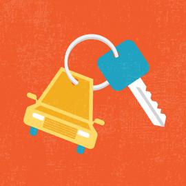 Llave del coche y coche sobre fondo naranja, que simbolizan la movilidad y el transporte.