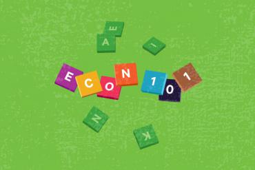 Bloques de colores rodean la palabra "Econ 101".