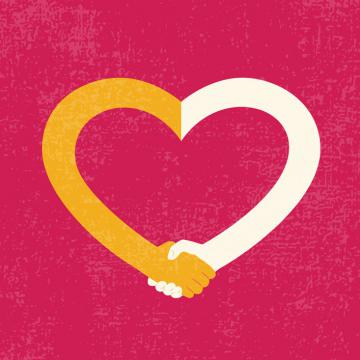 Un fondo rosa con una mano en forma de corazón sosteniendo un puño. Gesto simbólico de amor y fuerza.