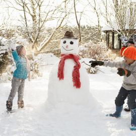 Un alegre grupo de niños jugando en la nieve, construyendo juntos un muñeco de nieve.