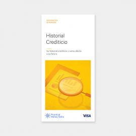 Un libro amarillo titulado "Tarjeta de crédito histórica" sobre una mesa.